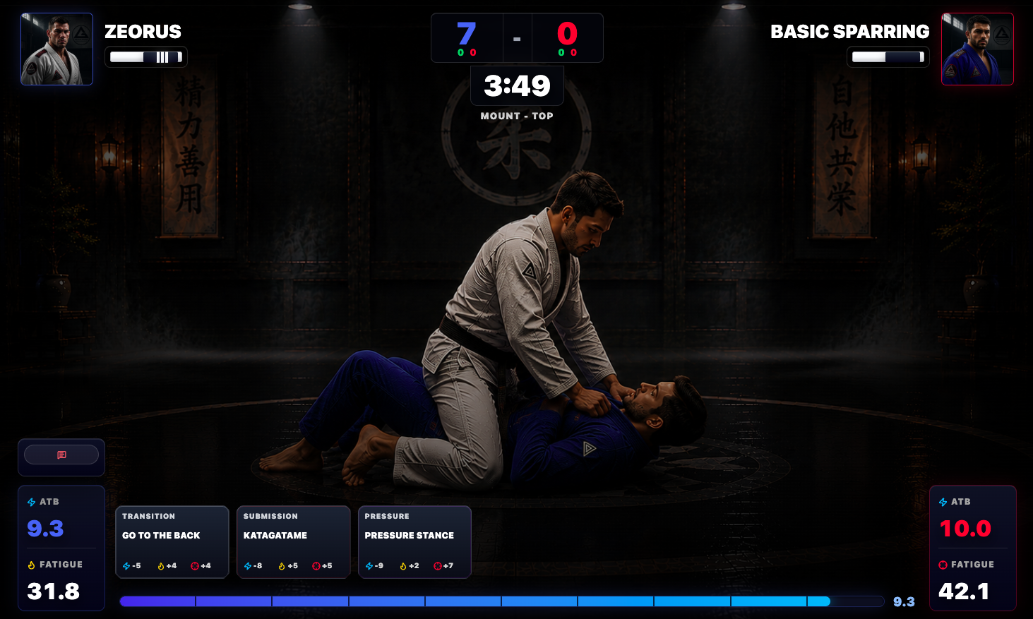 Capture du jeu BJJ Tactics montrant un combat de Brazilian Jiu-Jitsu